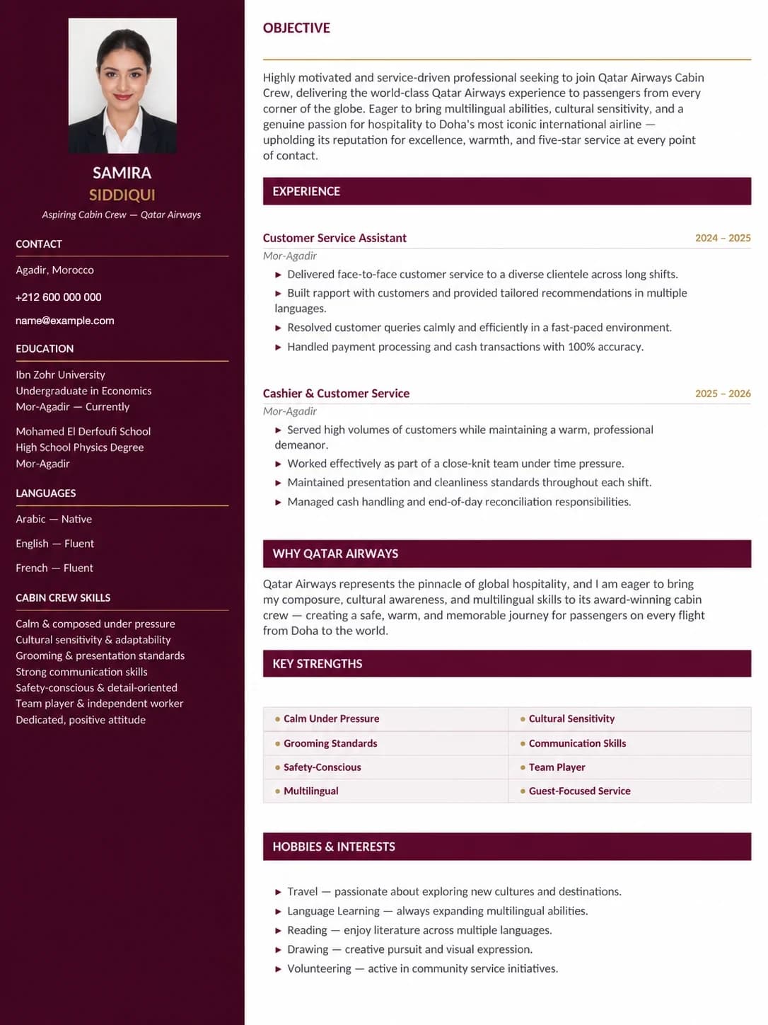 The same CV rebuilt in the airline screening format, with a structured sidebar and sectioned experience